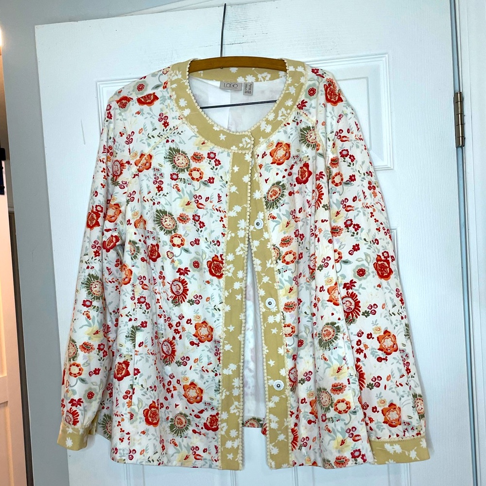 LOGO Lavish Lori Goldstein Mixed Print Woven Jacket with Picot Trim  - 1X - Picture 2 of 5